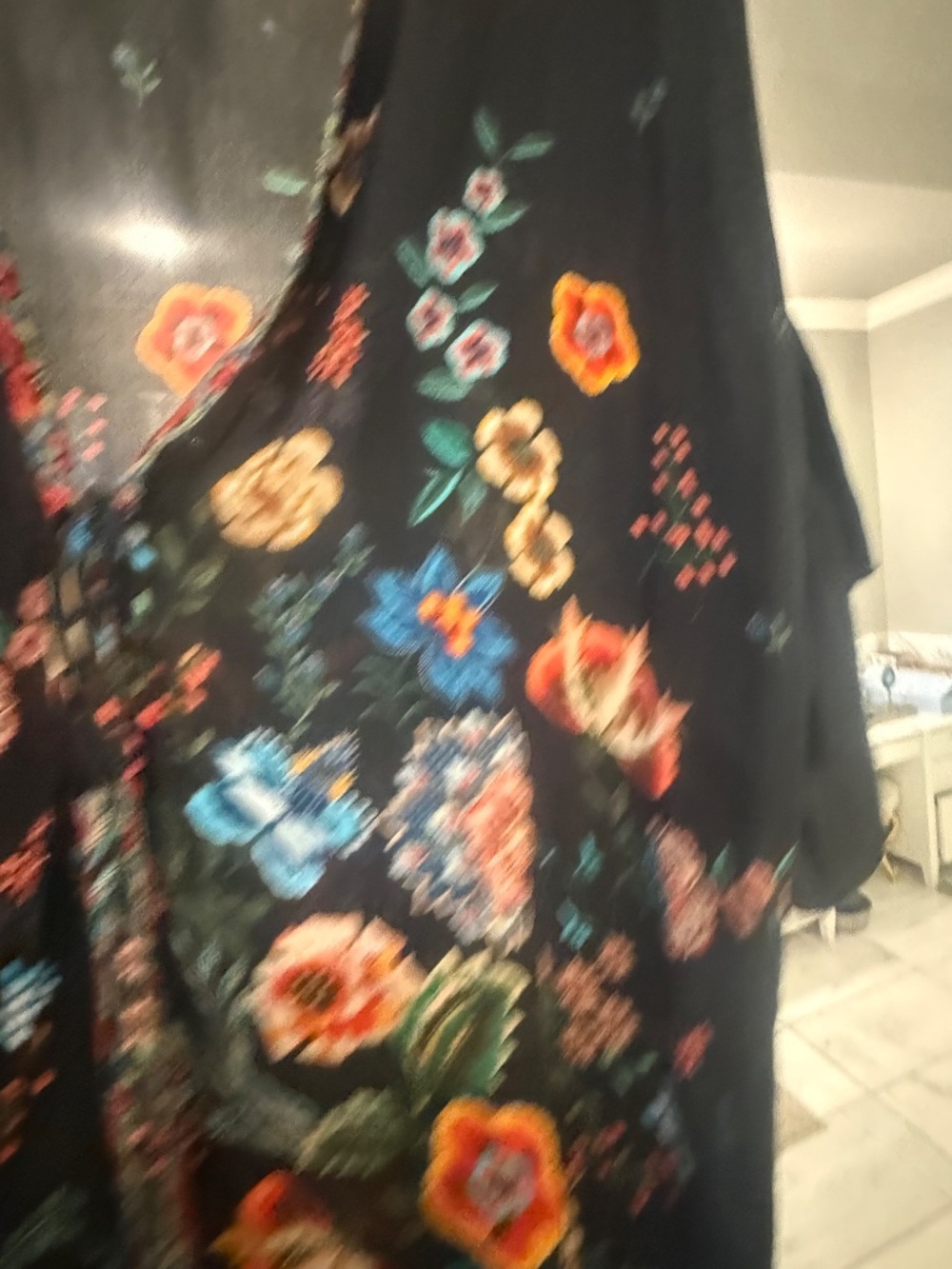 Johnny Was Nora Ruffle Kimono Black Floral Silk Boho Duster Cover-Up - Picture 6 of 13